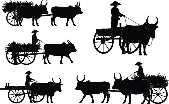 Traditional ox cart silhouette vector, rural agriculture transport with farmer, ancient bullock wagon and harvest scene