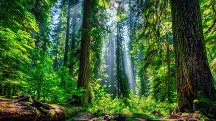 Fototapeta premium Dense Old-Growth Forest Canopy Bathed in Sunlight Rays