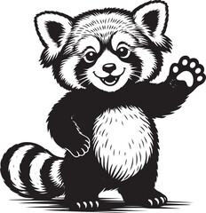 Cute cartoon red panda waving hand black and white vector illustration, friendly mascot character design