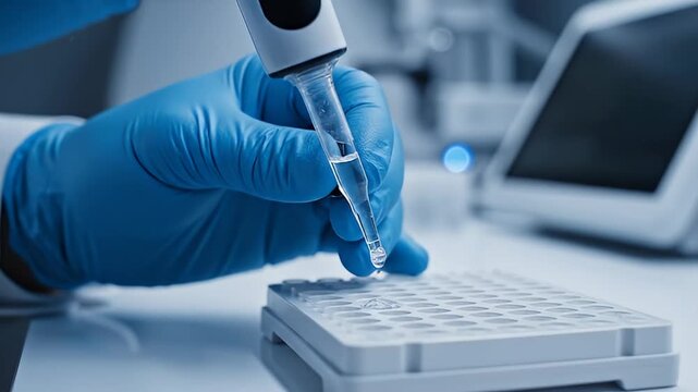 Scientific Research - Pipetting Liquid into Microplate for Analysis.