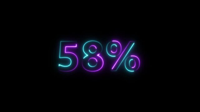 Discount and sale concept cyan,purple color on black background. Glowing neon number 58 Percent Discount neon animation.