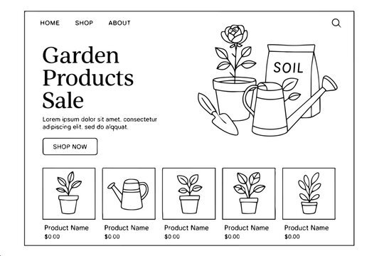 Black and white UI mockup of ecommerce shop page with plants watering can and product grid