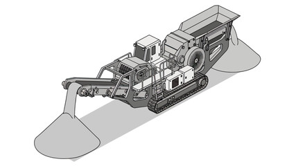 Detailed isometric illustration of a mobile tracked crushing and screening machine, processing aggregate material into stockpiles. © Fgyc