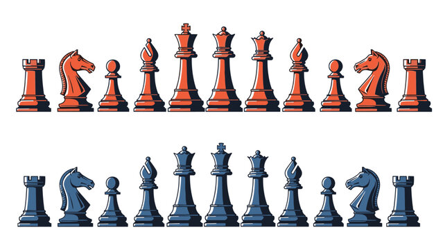 Two complete rows of red and blue chess pieces arranged as a full set from king to pawn for game strategy concepts on white background.