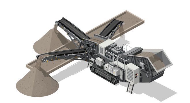 Illustration of a mobile tracked crushing plant processing aggregate materials with conveyor belts and stockpiles.