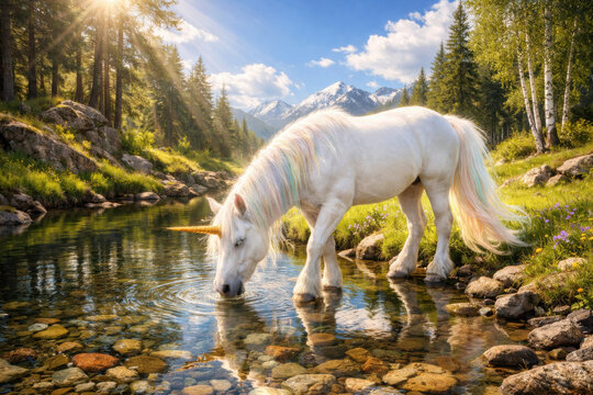 Majestic white unicorn with a golden horn drinking from a clear mountain stream in a sun-drenched enchanted forest with snow-capped peaks in the background, fantasy landscape