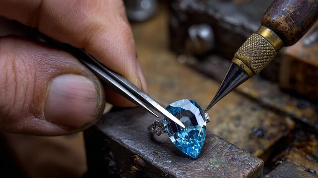 A man uses pliers to work on a blue diamond, focusing intently on his task.