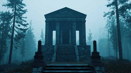 Obraz premium Eerie whispers from a cursed shrine in a dense forest gigapixel view of haunting architecture