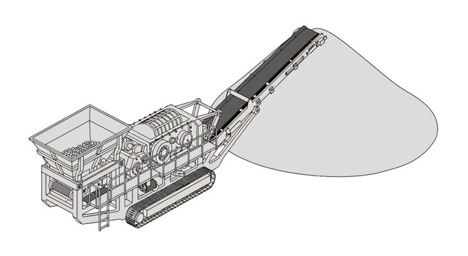 Illustration of a mobile tracked crushing machine processing material into a large pile on a conveyor belt.