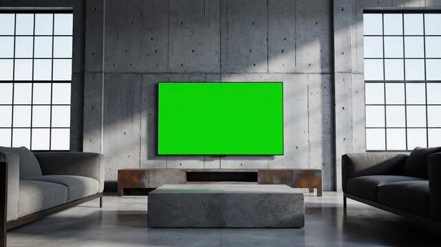 Spacious contemporary loft living room with industrial concrete walls and large windows, featuring a prominent green screen television ready for custom video content integration