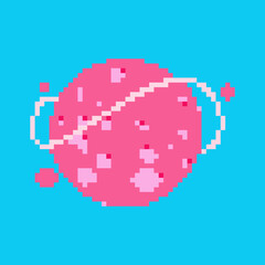 Fototapeta premium Vector Illustration of Cartoon Planet with Pixel Art Design. Cute Game Planet in Retro Style.