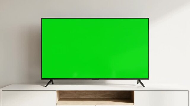 Sleek modern television with a vibrant green screen ready for customized digital content display, perfectly positioned on a contemporary white media console in a minimalist interior setting