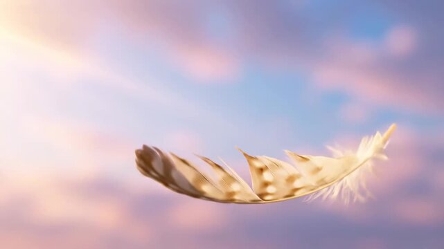 Lightweight feather gracefully floating in a soft pastel sky at sunrise