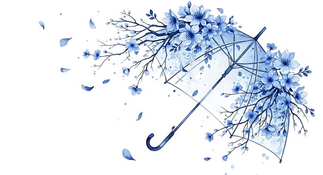 blue umbrella with flowers and petals blowing in wind