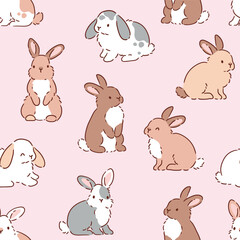 Obraz premium Cute tiny rabbits on isolated background. Seamless vector pattern. Hand drawn Easter bunny pattern. 