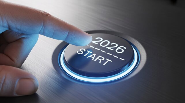Hand pressing illuminated button with 2026 start