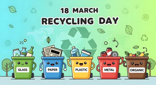 A colorful illustration promotes march 18th as recycling day featuring cute bins for various materials high quality professional detailed modern elegant stylish clean crisp vibrant digital
