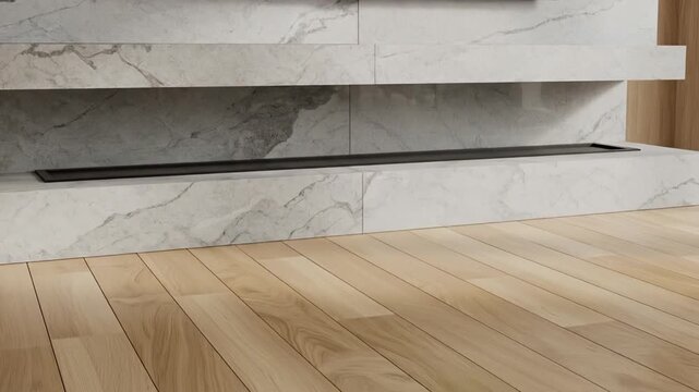 Modern Minimalist Fireplace with Sleek Black Insert and Light Marble Cladding