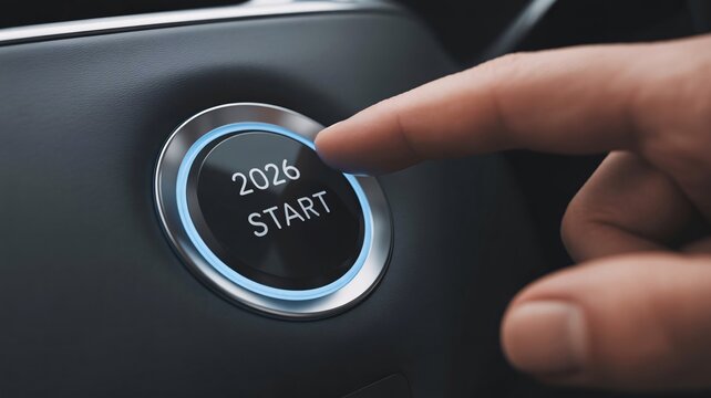 Close-up of finger pressing car start button with 2026 text