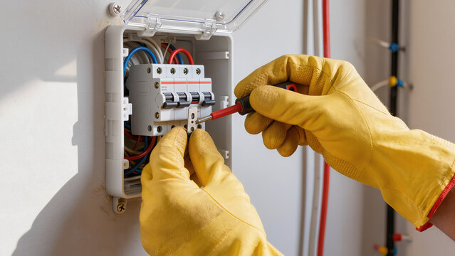 electrician at work, Electrician works on panel, Technician wears safety gloves, Expert performs maintenance work, Safety comes first here, Man inspects the circuit, Hand tools ensure precision