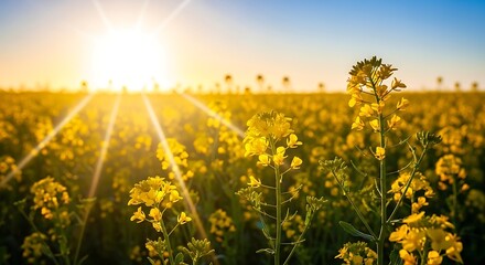 Fototapeta premium Warm summer sunset over a vibrant yellow flower field