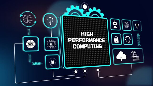 High tech high performance computing hud interface for smart server tutorials, digital hardware design and global growth