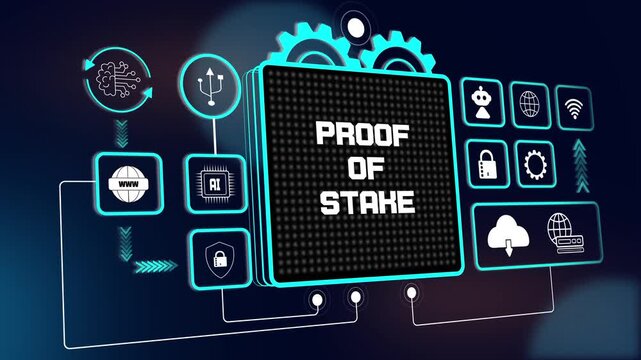 Interactive hud animation showing proof of stake for advanced blockchain consensus research and futuristic digital finance ads