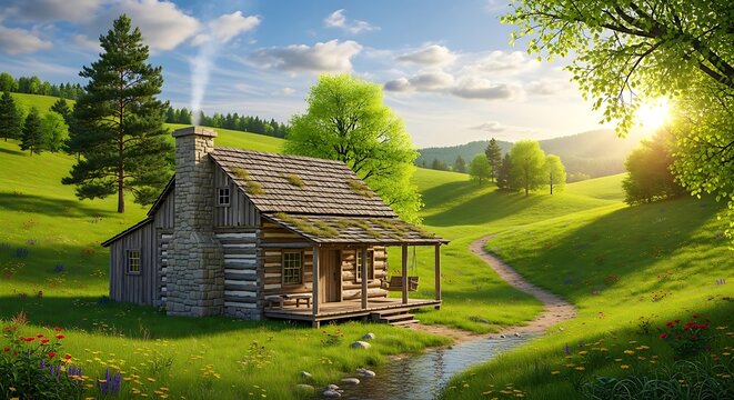 Serene summer log cabin in green hills with sunlight and trees