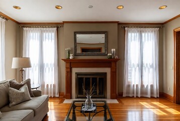 Naklejka premium A living room with a fireplace, sofa, and decorative elements.