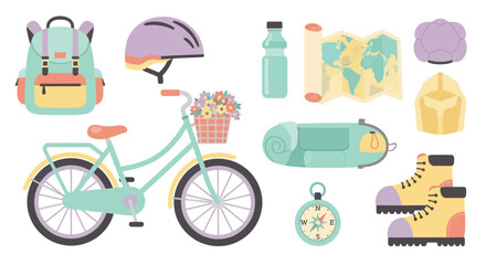 Fototapeta premium Flat Style Vector Icons for Bicycle Camping Adventure Travel