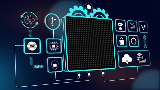 Modern futuristic motherboard chip design featuring neon hud elements for machine learning data science and internet of things