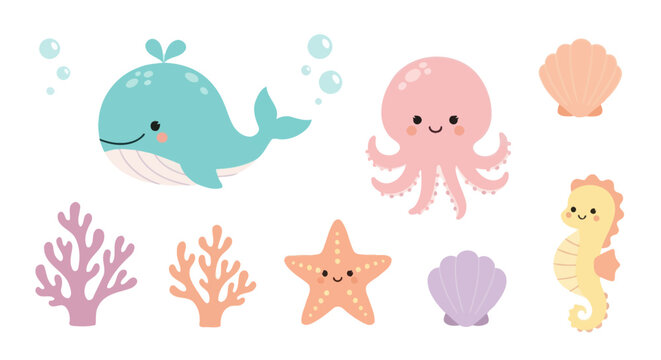 Cute Cartoon Ocean Animals and Shells Vector Illustration, Flat Style