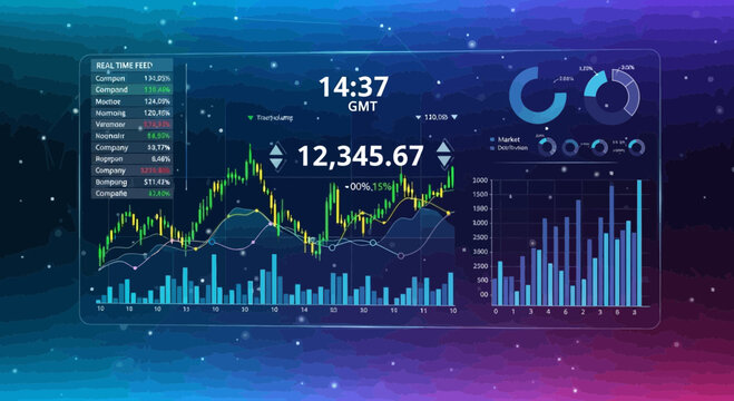 Digital financial dashboard displaying stock market data and charts