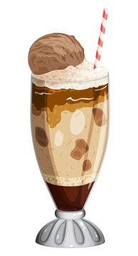 Frothy Root Beer Float in Tall Glass with Large Chocolate Ice Cream Scoop and Red Striped Straw. Isolated Vector Illustration of a Refreshing Retro Dessert Beverage
