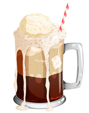 Root Beer Float in Glass Mug with Vanilla Ice Cream Scoop and Red Striped Straw, Foamy Froth Dripping Down Side, Isolated Vector Illustration of Refreshing Summer Soda Beverage