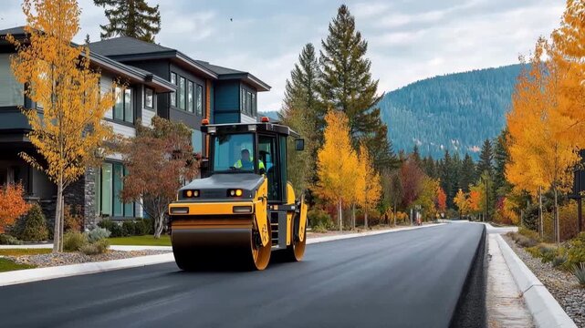 Fresh asphalt being compacted by a heavy road roller on a newly built street in a peaceful suburban area.