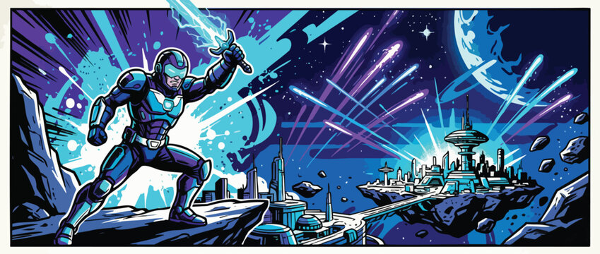 Heroic Figure in Futuristic Armor with Energy Sword in Space Celebration