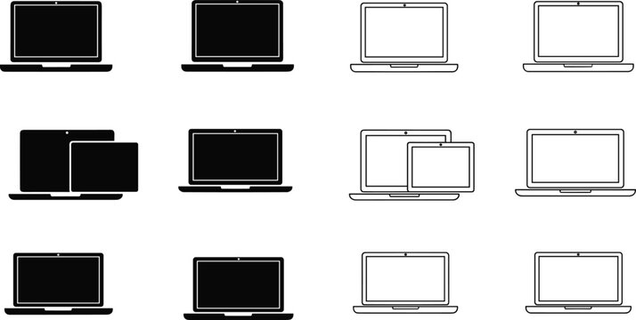 Laptop Icon Collection. Technology icon vector collection featuring laptop devices, computer interface graphics, and modern digital workstation symbols.