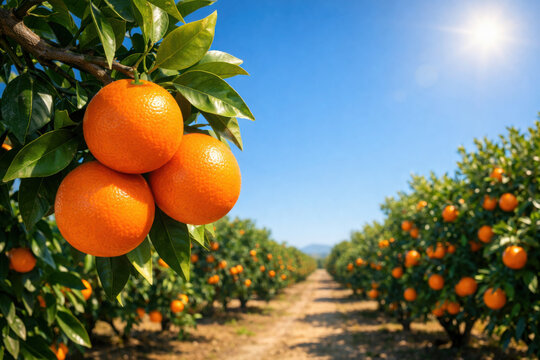 Vibrant orange fruits hanging from a tree branch in a sunny citrus grove, with rows of trees extending into the distance under a clear blue sky, perfect for healthy food and agriculture concepts.