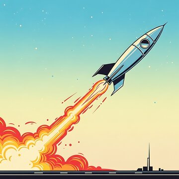 Stylized depiction of a classic silver rocket ascending into the pale sky with powerful fiery exhaust