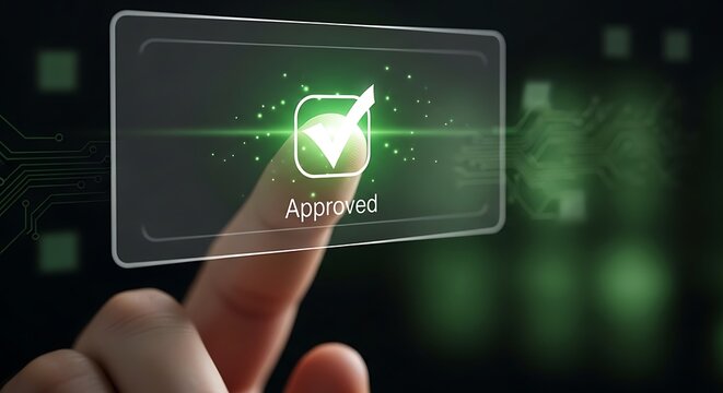 Finger pressing a digital screen displaying an approved checkmark and the word 'Approved'.