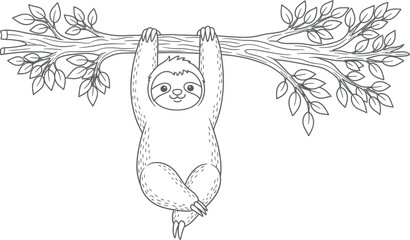 Fototapeta premium A cute cartoon sloth character hangs upside down from a leafy tree branch, depicted in a simple line art illustration style, perfect for children's coloring books or educational materials.