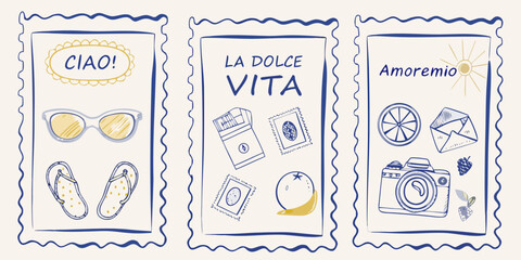Three postcard style illustrations featuring italian themed doodles and lettering © Dipa