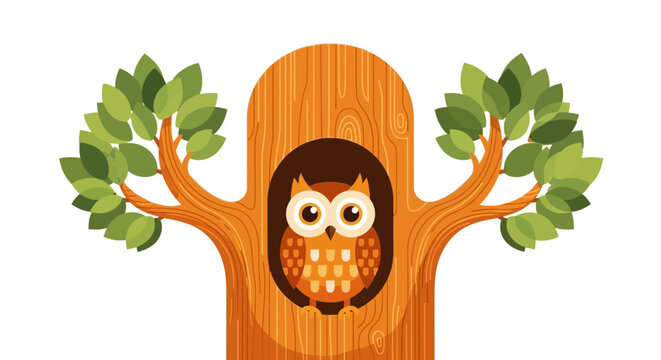 Vector illustration of owl in tree stump with leaves