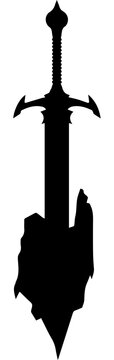 Black Silhouette of Fantasy Sword Stuck in Stone Excalibur Legend Vector Illustration