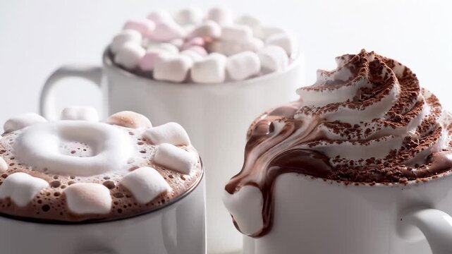Three Cups of Hot Chocolate With Whipped Cream and Marshmallows, Close-Up