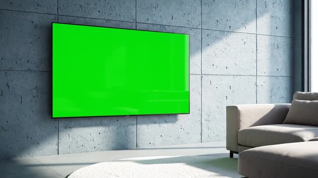 A modern minimalist living room with a large green screen television mounted on a raw concrete wall, offering free space for digital content.