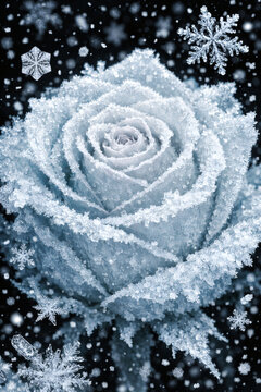 Frozen Rose Close-up: Winter Flower with Snowflakes and Frost Detail