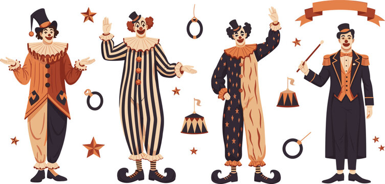 Vintage Circus Clown Characters Set with Classic Costumes, Ringmaster and Retro Carnival Performers Vector Illustration