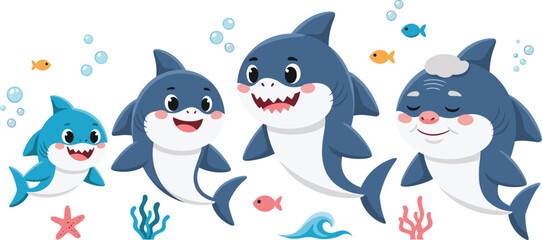Fototapeta premium Cute Cartoon Shark Family Set with Baby, Parent Sharks and Underwater Sea Elements Friendly Marine Animal Vector Illustration